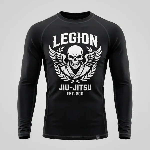Black Jiu-Jitsu rash guard featuring high-durability screen printed graphics on reinforced compression material.