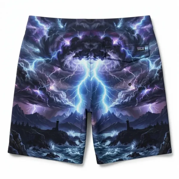 Electric lightning storm artwork swim trunks back.