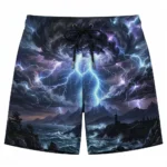 Electric lightning storm artwork swim trunks front.