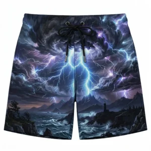 Electric lightning storm artwork swim trunks front.
