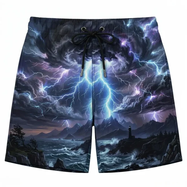 Electric lightning storm artwork swim trunks front.