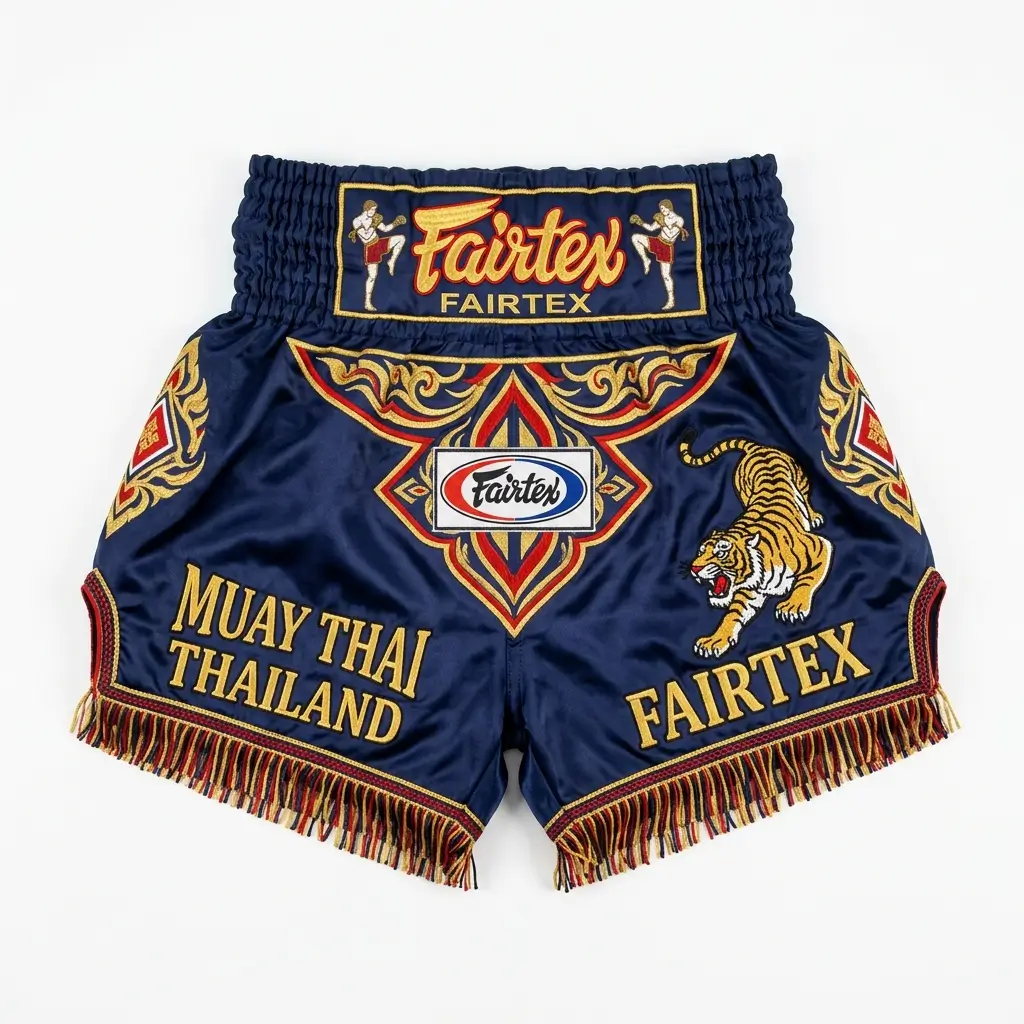 Front view of Fairtex navy blue satin Muay Thai shorts featuring a tiger graphic, gold embroidery, and fringed hems.