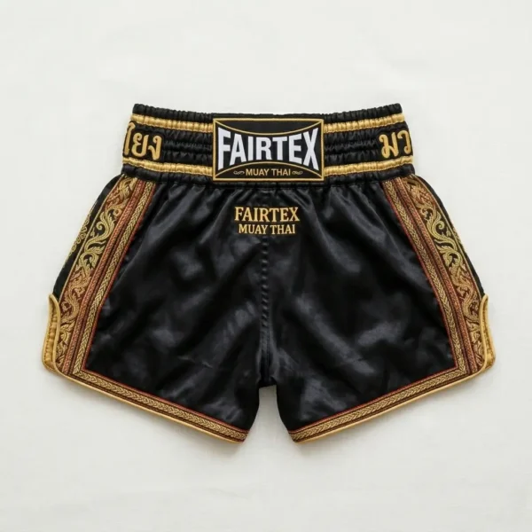 Back view of black Fairtex Muay Thai shorts featuring detailed traditional gold embroidery across the back and gold side panel accents.