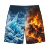 Fire and ice split composition swim trunks back.
