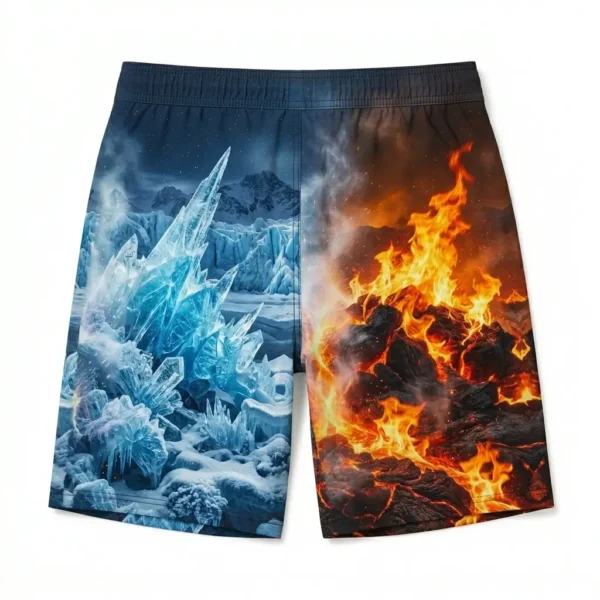 Fire and ice split composition swim trunks back.