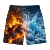 Fire and ice split composition swim trunks front.