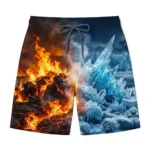 Fire and ice split composition swim trunks front.