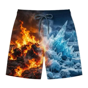 Fire and ice split composition swim trunks front.