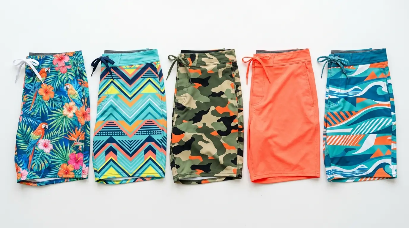 Five pairs of custom board shorts with vibrant sublimated prints including tropical parrots, geometric zig-zags, camouflage, solid coral, and ocean waves.