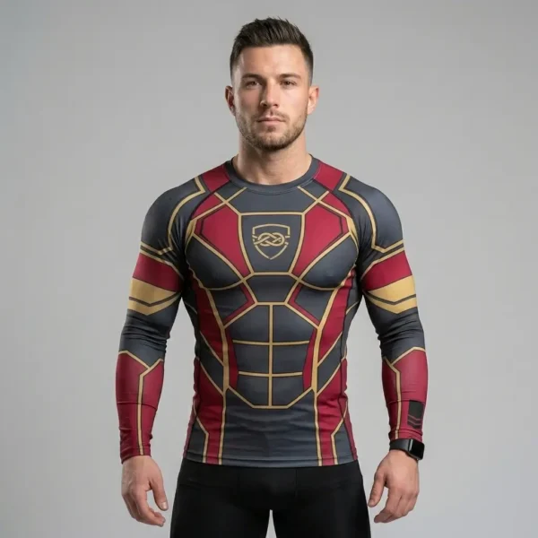 Long sleeve compression rash guard providing complete arm protection with full-coverage graphic sublimation.