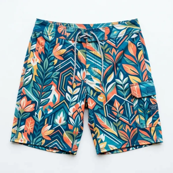 Geometric floral sublimated board shorts.