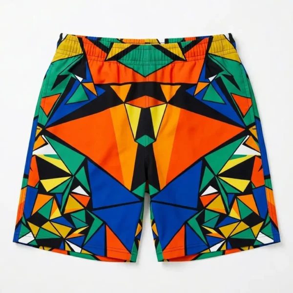 Geometric triangle pattern swim trunks back.