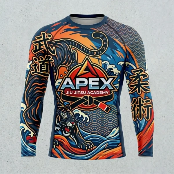 Invisible mannequin product shot of an Apex Academy athletic rash guard featuring ergonomic flatlock stitching.