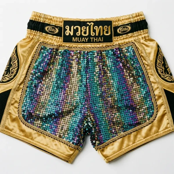 Golden sequins covered muay thai shorts.