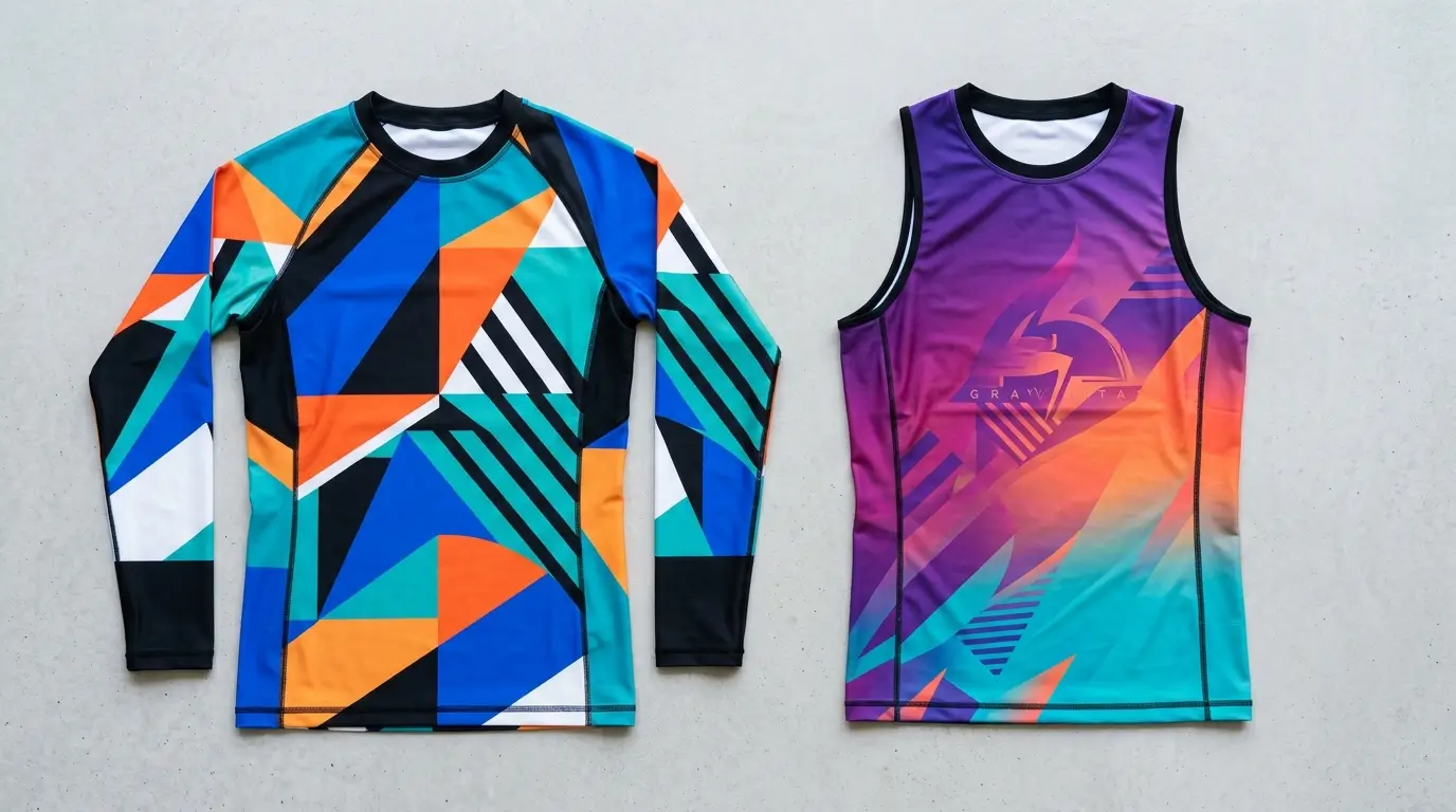 Long sleeve and sleeveless custom rash guards featuring a vibrant color gradient pattern across performance fabrics.