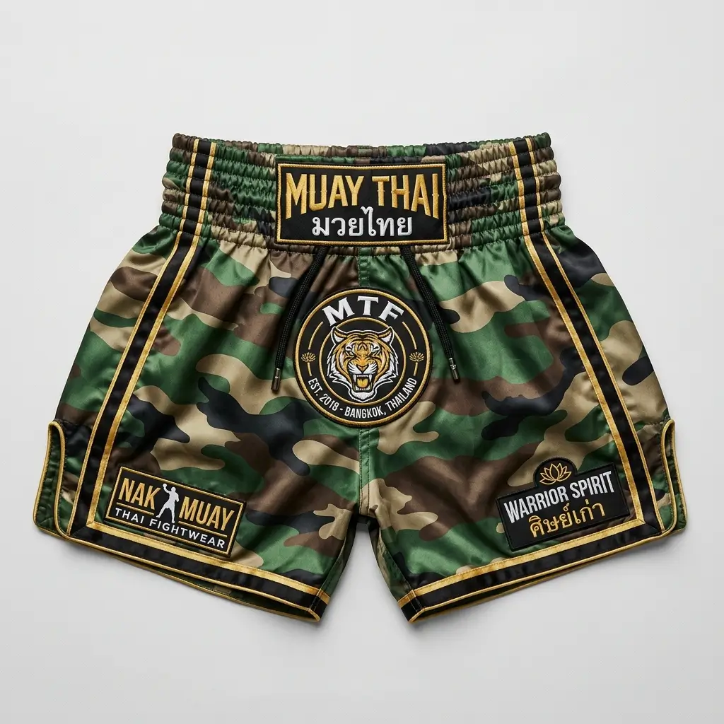 Front view of green camo Muay Thai shorts featuring a center waistband patch with a skull and crossed swords warrior graphic.