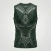 Back view of a sleeveless compression shirt showcasing a full-coverage green and black tribal graphic layout.