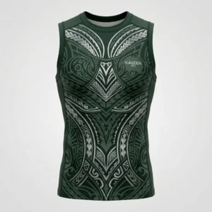 Front view of a sleeveless athletic compression rash guard featuring a bold green and black sublimated polynesian tribal pattern.