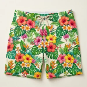 Hawai floral pattern swim trunks front.
