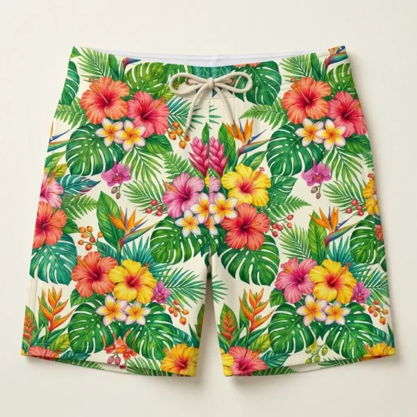 Hawai floral pattern swim trunks front.