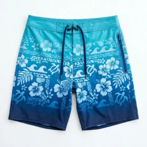 Hawaiian ombre board shorts front.