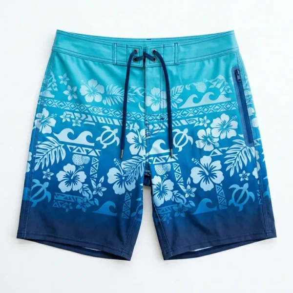 Hawaiian ombre board shorts front.