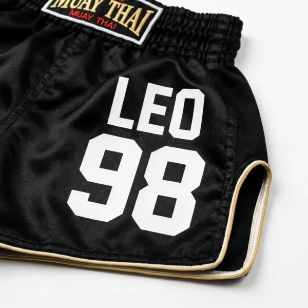 Heat transfer vinyl muay thai short closeup.