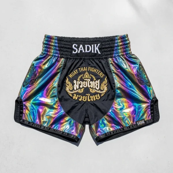 Holographic fabric panel muay thai shorts.