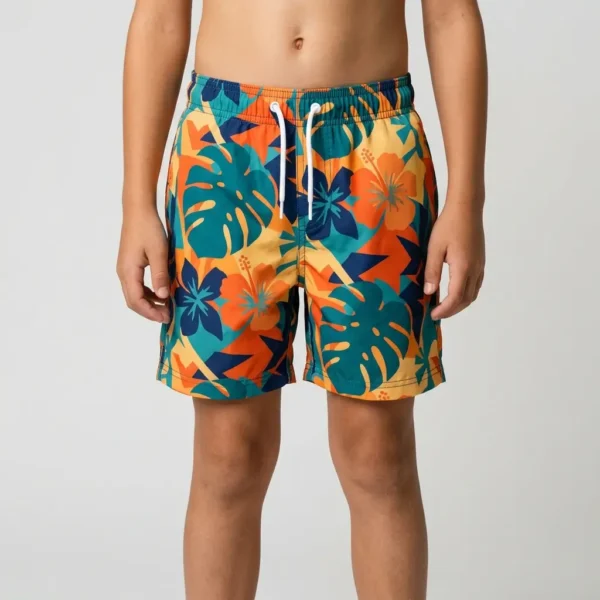 Kids all over printed swim trunks.