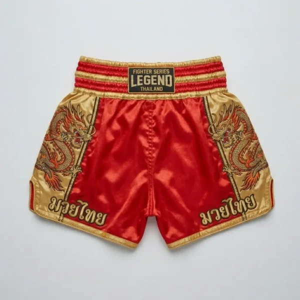 Back view of red satin Legend Fightwear Muay Thai shorts with gold trim and traditional embroidered twin dragon designs on the sides.