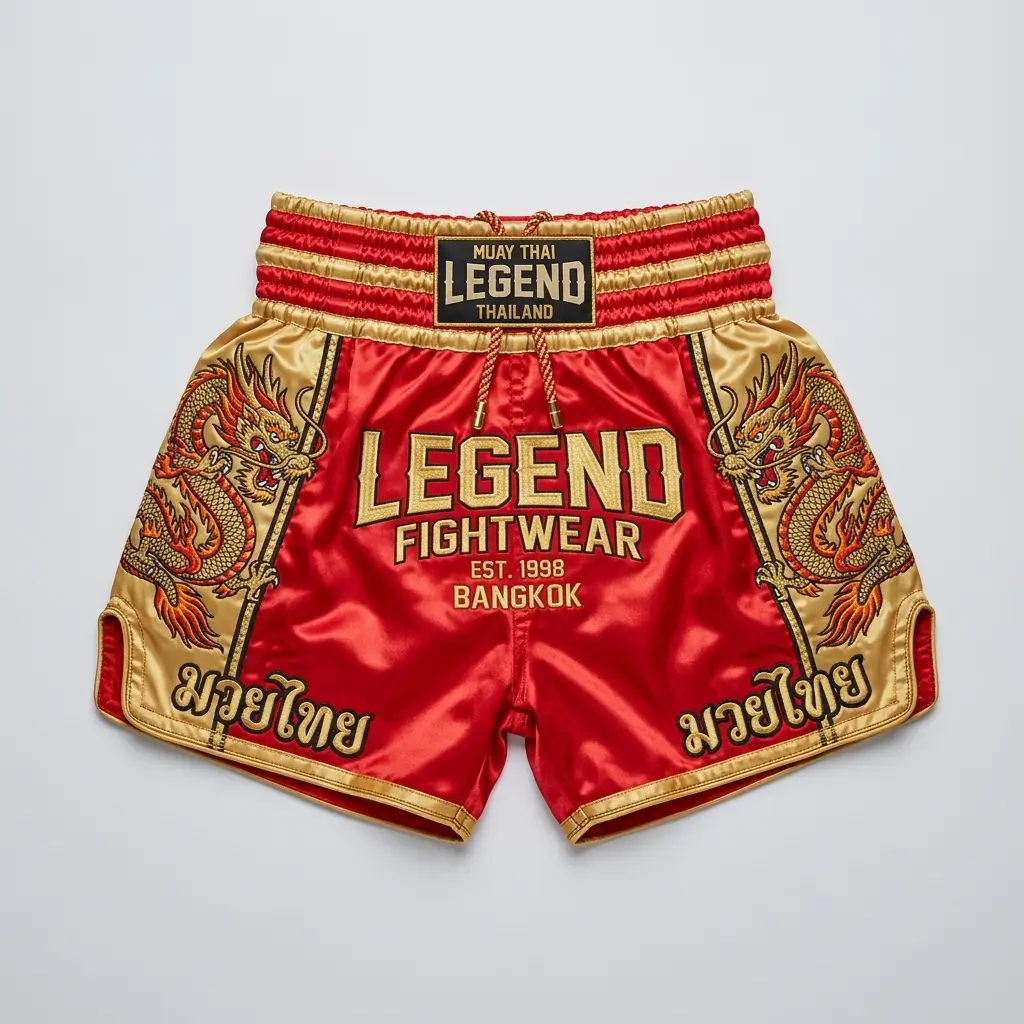 Front view of crimson red and gold Legend Fightwear Muay Thai shorts featuring large embroidered typography and traditional Thai lettering.