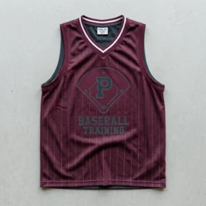 Maroon and gray baseball reversible pinnie, maroon front.