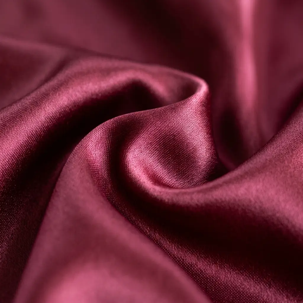 Maroon satin fabric closeup.