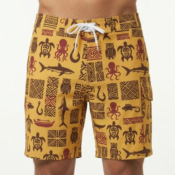 Men's Hawaiian printed board shorts.