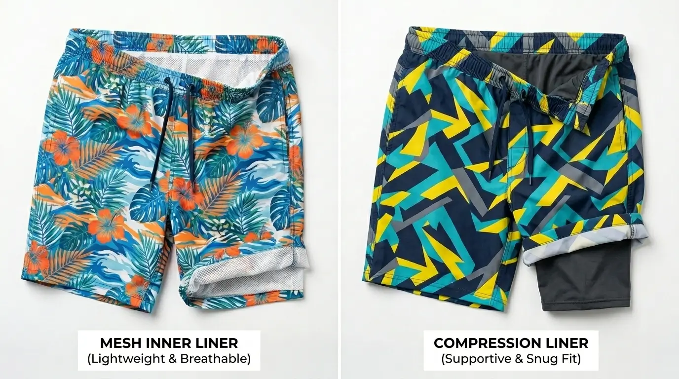 Comparison of swim trunk interiors showing a lightweight mesh inner liner on one side and a supportive compression liner on the other.