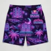 Miami nightlife neon pattern swim trunks back.