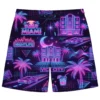 Miami nightlife neon pattern swim trunks front.