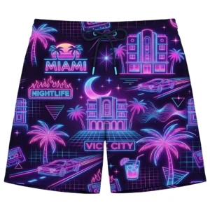 Miami nightlife neon pattern swim trunks front.