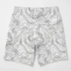 Minimal topographic line art swim trunks back.