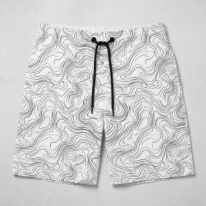 Minimal topographic line art swim trunks front.