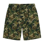 Modern camo patterned swim trunks front.