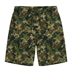 Modern camo patterned swim trunks front.
