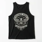 A sleeveless tank top with a large print of a motorcycle club emblem.