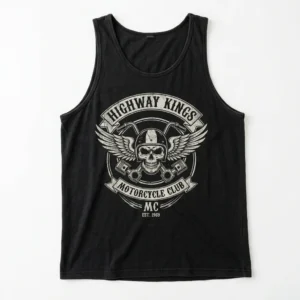 A sleeveless tank top with a large print of a motorcycle club emblem.