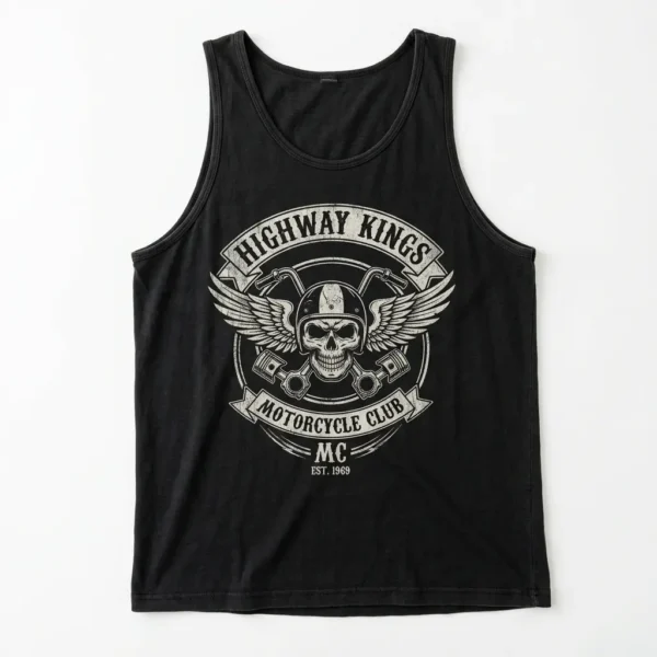 A sleeveless tank top with a large print of a motorcycle club emblem.