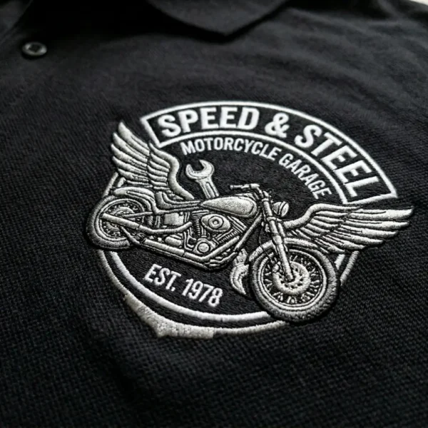 Close-up of a raised embroidered motorcycle garage logo on a black polo shirt.