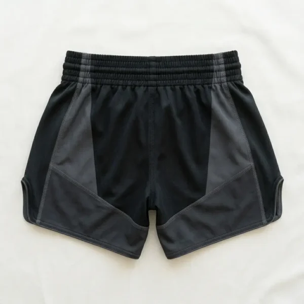 Back view of minimalist matte black Muay Thai shorts featuring clean white piping and a simple side split leg design.