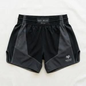 Front view of minimalist black Nak Muay Elite shorts with white drawstring ties, a small brand patch, and white outline trim.