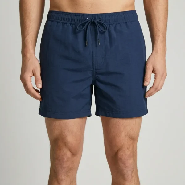 Navy 5-inch inseam swim trunks.