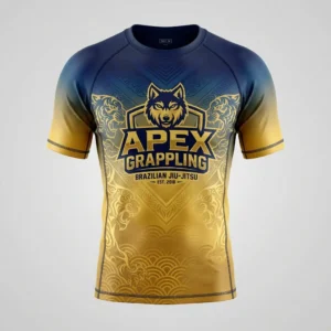 Front view of a navy blue short sleeve BJJ rash guard featuring premium gold sublimated graphics.